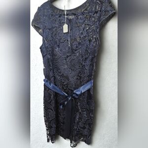 ADRIANNA PAPELL Illusion Cap Sleeve Floral Lace Satan Belt Sz 16
